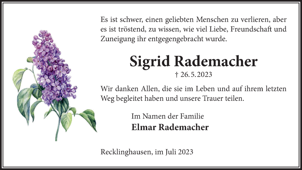  Traueranzeige für Sigrid Rademacher vom 22.07.2023 aus Medienhaus Bauer