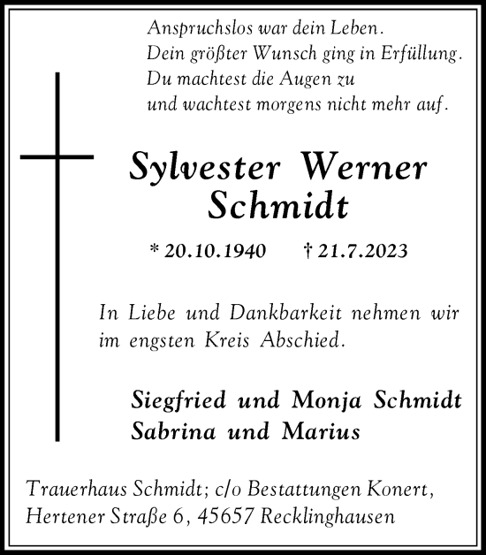 Traueranzeige von Sylvester Werner Schmidt von Medienhaus Bauer