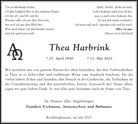 Traueranzeige von Thea Harbrink von Medienhaus Bauer