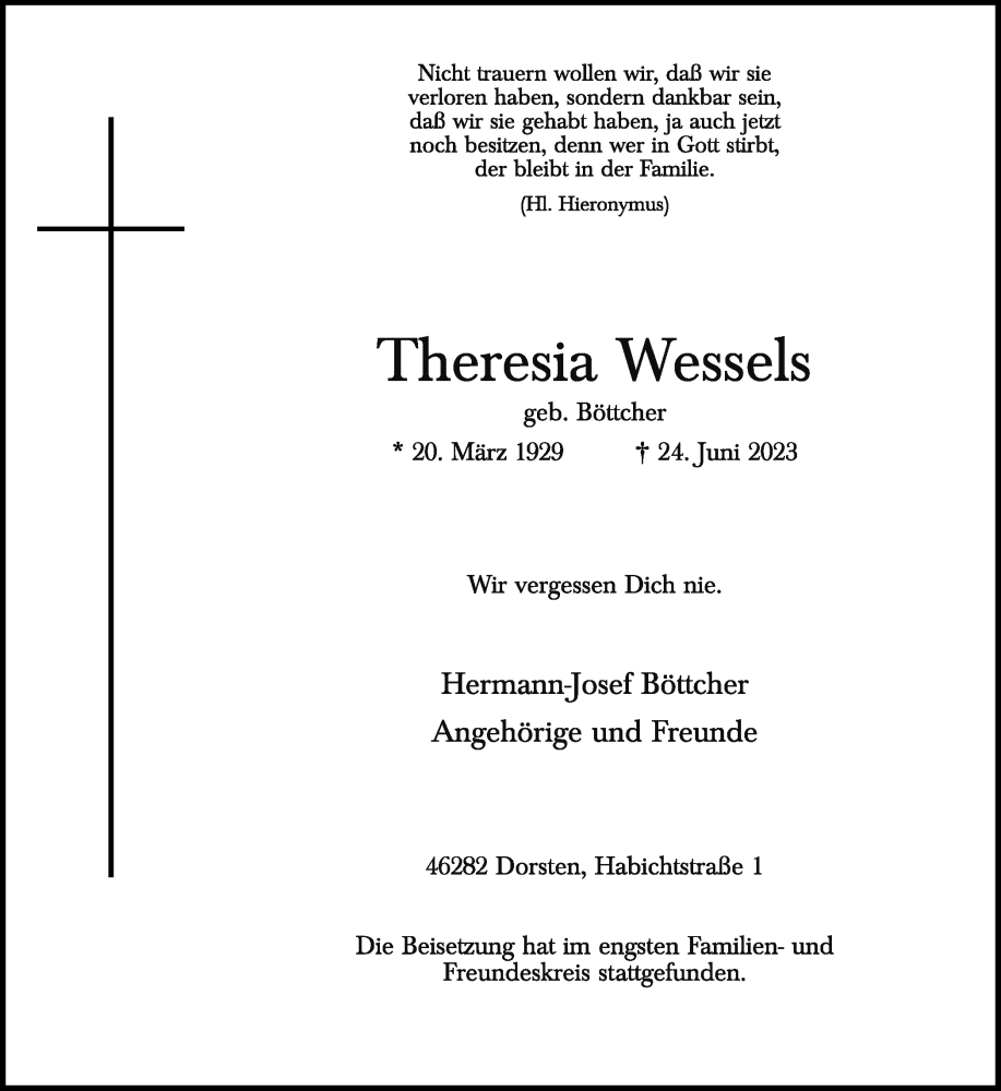  Traueranzeige für Theresia Wessels vom 05.07.2023 aus Ruhr Nachrichten und Dorstener Zeitung