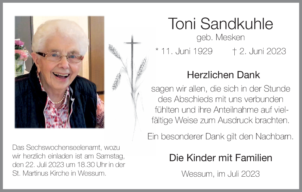  Traueranzeige für Toni Sandkuhle vom 19.07.2023 aus Münstersche Zeitung und Münsterland Zeitung