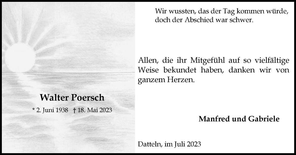  Traueranzeige für Walter Poersch vom 08.07.2023 aus Medienhaus Bauer
