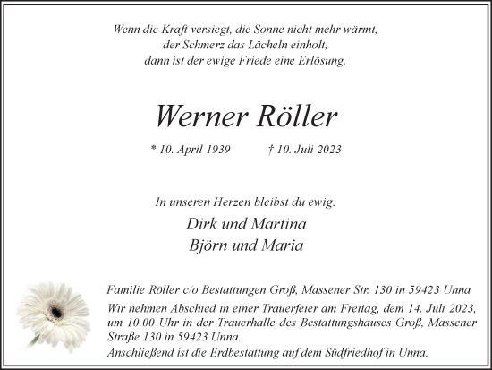 Traueranzeige von Werner Röller von Hellweger Anzeiger