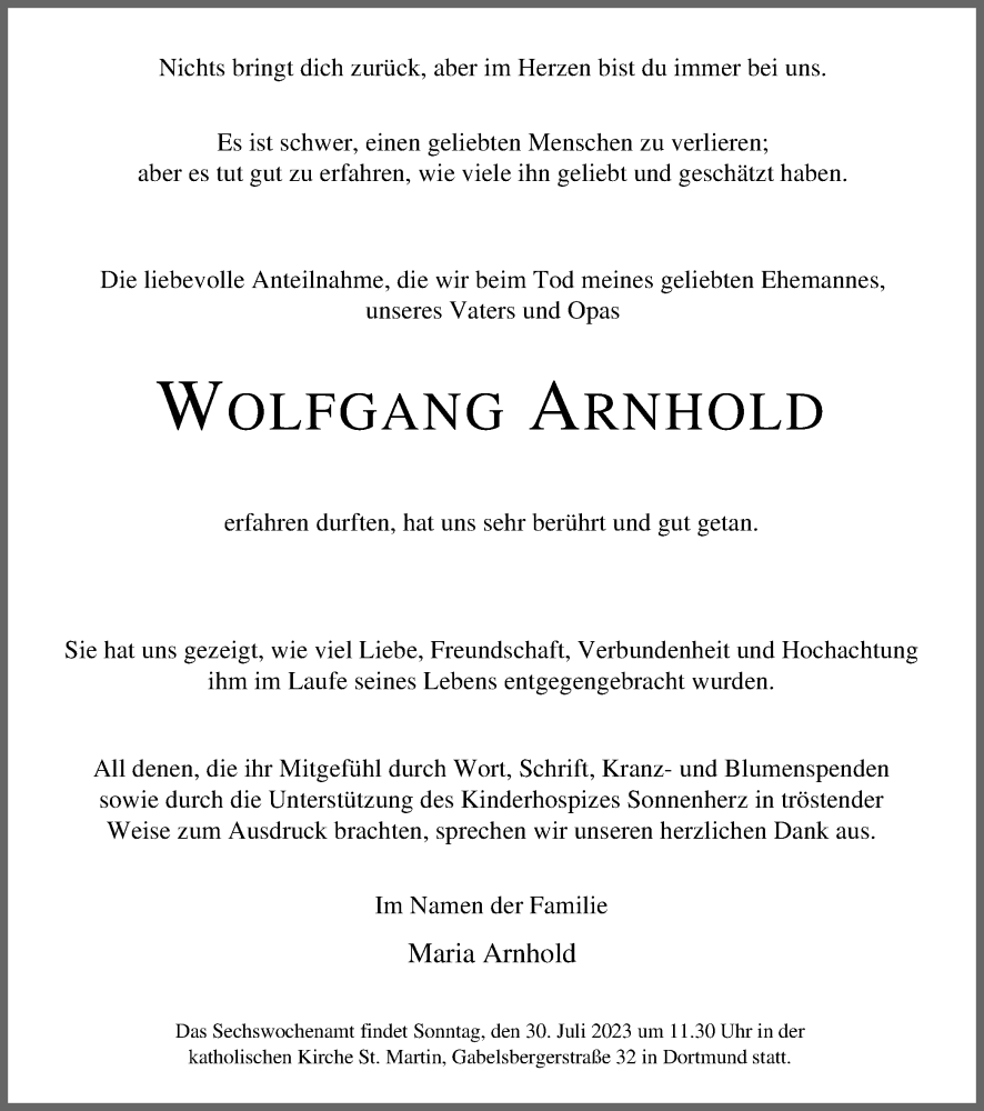  Traueranzeige für Wolfgang Arnold vom 22.07.2023 aus 