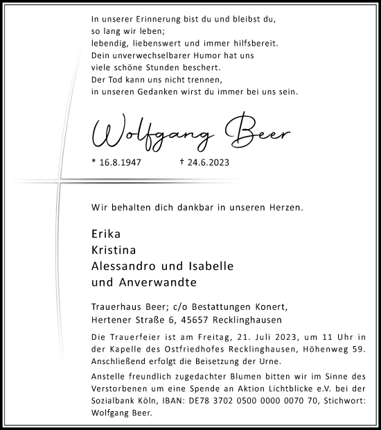 Traueranzeige von Wolfgang Beer von Medienhaus Bauer