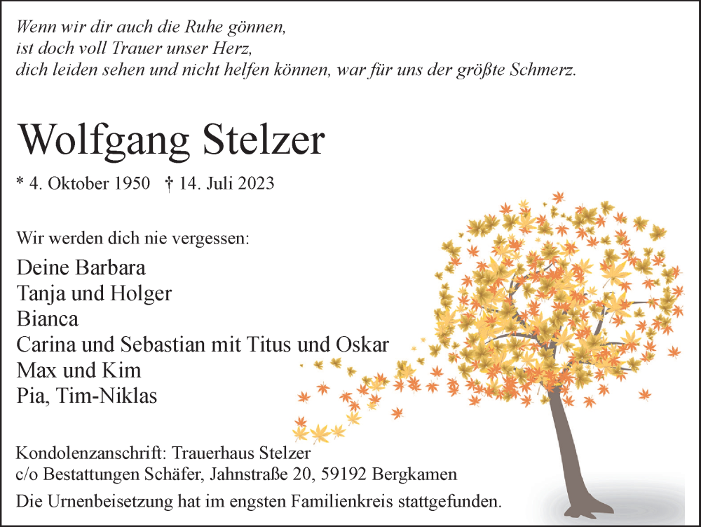  Traueranzeige für Wolfgang Stelzer vom 29.07.2023 aus Hellweger Anzeiger