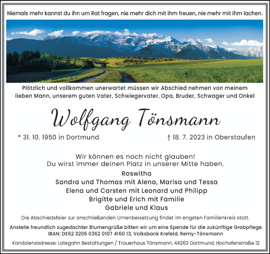 Traueranzeige von Wolfgang Tönsmann 