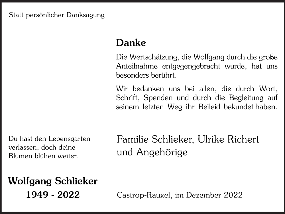  Traueranzeige für Wolfgang Schlieker vom 17.12.2022 aus Ruhr Nachrichten