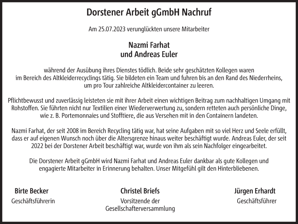  Traueranzeige für Andreas Euler vom 07.08.2023 aus Ruhr Nachrichten und Dorstener Zeitung