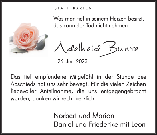 Traueranzeige von Adelheid Bunte von Hellweger Anzeiger
