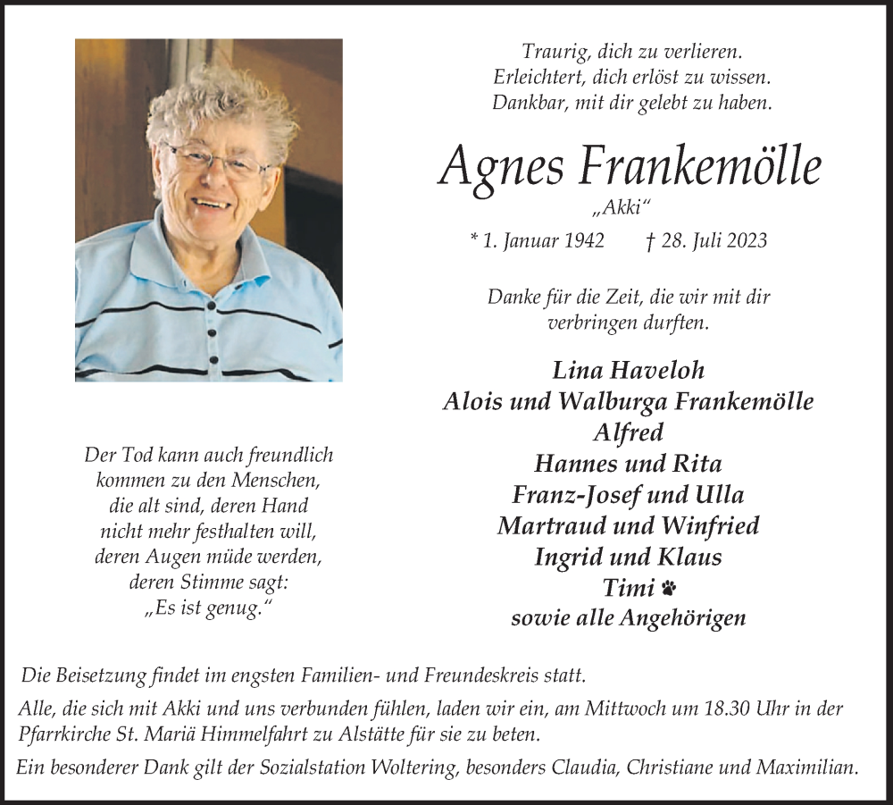  Traueranzeige für Agnes Frankemölle vom 01.08.2023 aus Münstersche Zeitung und Münsterland Zeitung