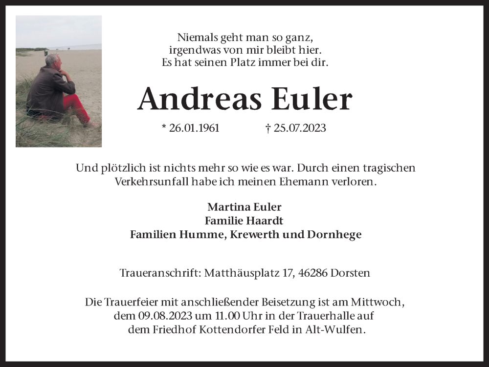  Traueranzeige für Andreas Euler vom 05.08.2023 aus Ruhr Nachrichten und Dorstener Zeitung