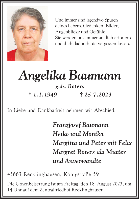 Traueranzeige von Angelika Baumann von Medienhaus Bauer