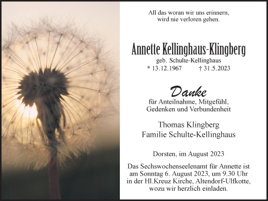 Traueranzeige von Annette Kellinghaus-Klingberg von Ruhr Nachrichten und Dorstener Zeitung