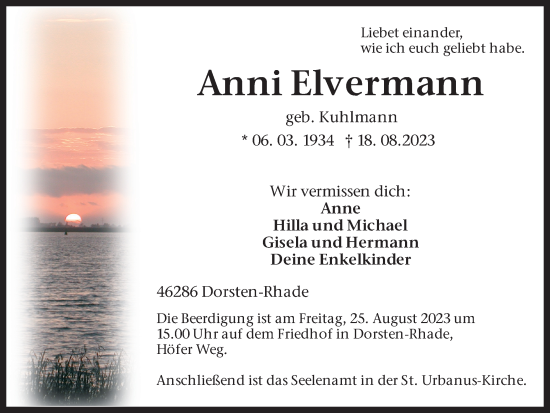 Traueranzeige von Anni Elvermann von Ruhr Nachrichten und Dorstener Zeitung