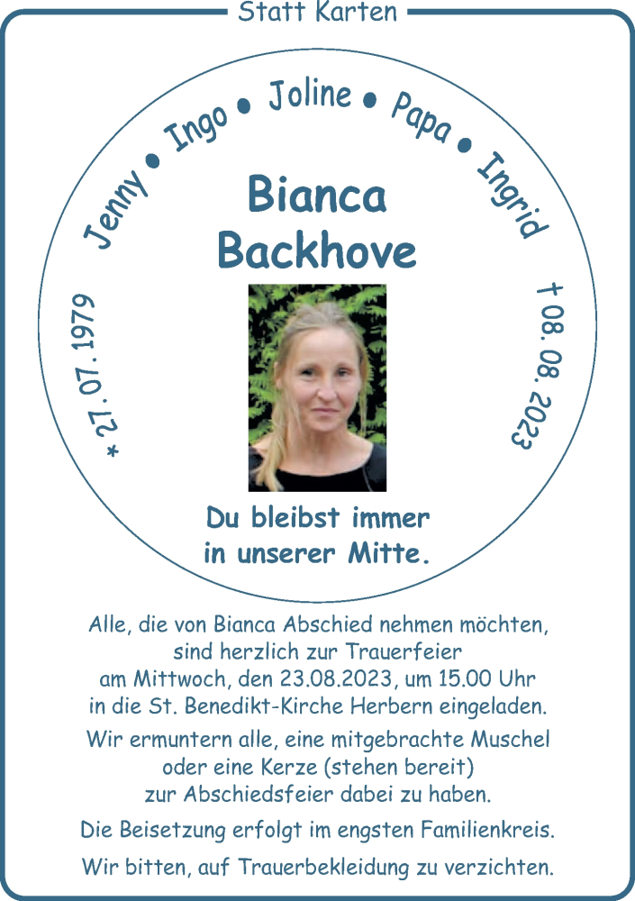  Traueranzeige für Bianca Backhove vom 19.08.2023 aus Ruhr Nachrichten