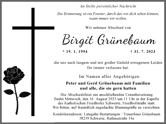 Traueranzeige von Birgit Grünebaum von Ruhr Nachrichten