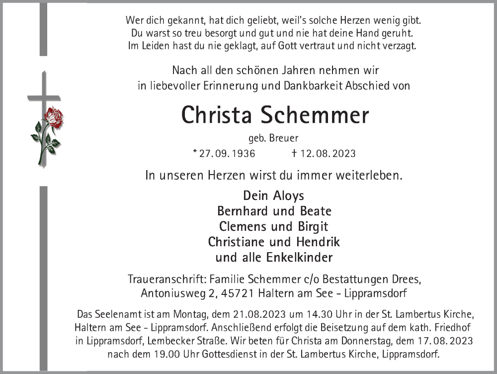  Traueranzeige für Christa Schemmer vom 16.08.2023 aus Ruhr Nachrichten und Halterner Zeitung