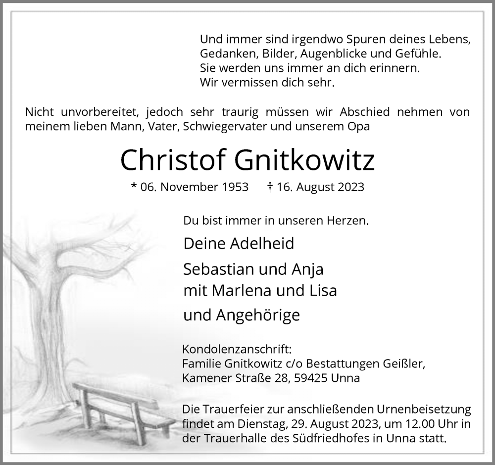  Traueranzeige für Christof Gnitkowitz vom 22.08.2023 aus Hellweger Anzeiger