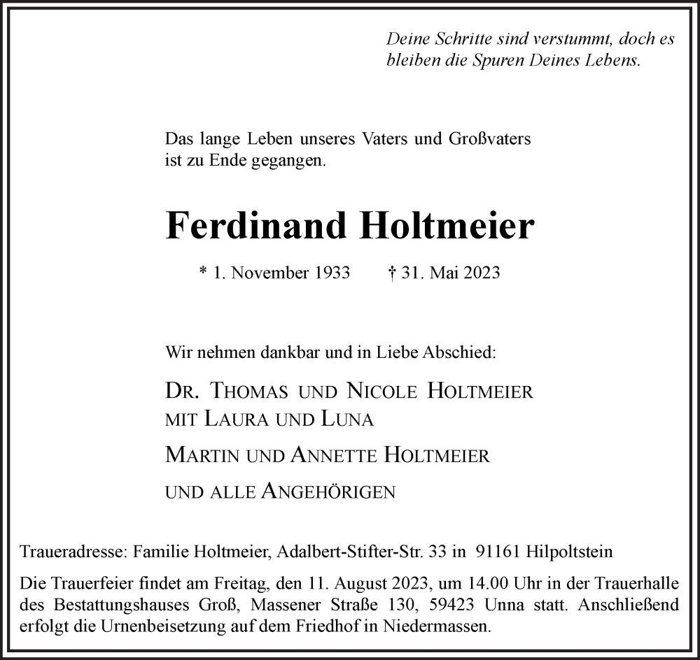  Traueranzeige für Ferdinand Holtmeier vom 05.08.2023 aus Hellweger Anzeiger
