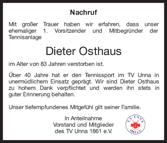 Traueranzeige von Dieter Osthaus von Hellweger Anzeiger