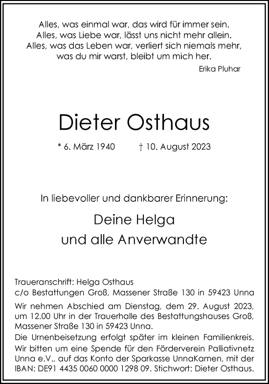 Traueranzeige von Dieter Osthaus