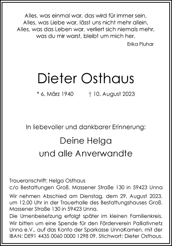 Traueranzeige von Dieter Osthaus von Hellweger Anzeiger