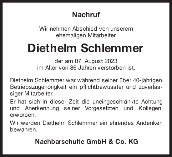 Traueranzeige von Diethelm Schlemmer von Ruhr Nachrichten und Dorstener Zeitung