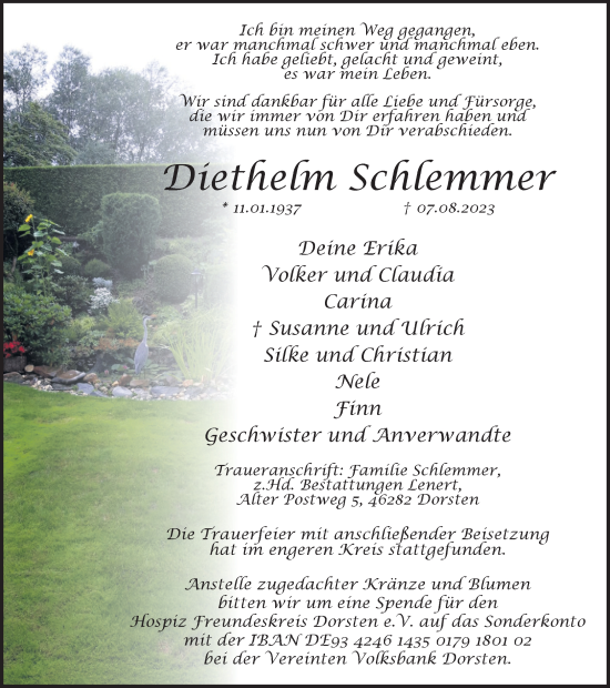 Traueranzeige von Diethelm Schlemmer von Ruhr Nachrichten und Dorstener Zeitung