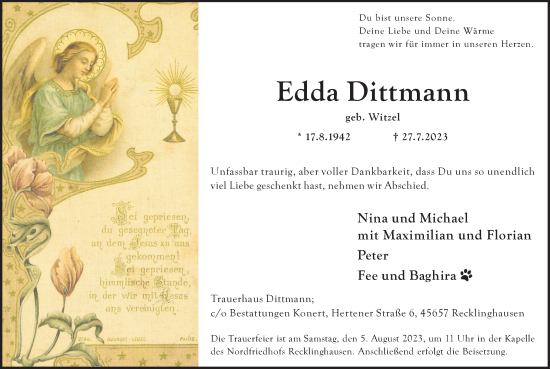 Traueranzeige von Edda Dittmann von Medienhaus Bauer