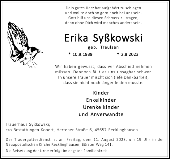 Traueranzeige von Erika Syßkowski von Medienhaus Bauer