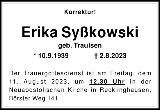 Traueranzeige von Erika Syßkowski von Medienhaus Bauer