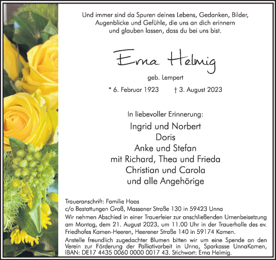 Traueranzeige von Erna Helmig von Hellweger Anzeiger