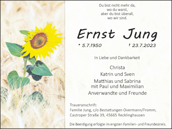 Traueranzeige von Ernst Jung von Medienhaus Bauer