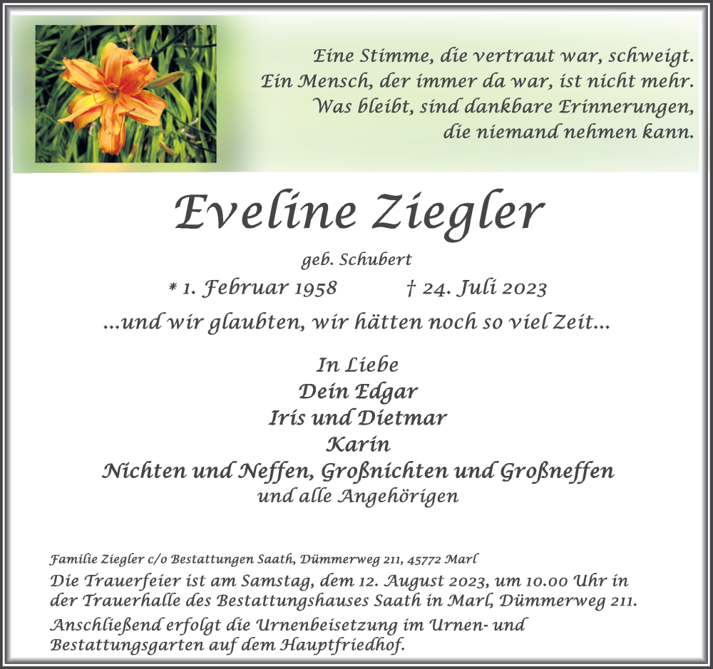  Traueranzeige für Eveline Ziegler vom 05.08.2023 aus Medienhaus Bauer