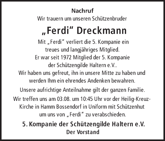 Traueranzeige von Ferdi Dreckmann von Ruhr Nachrichten und Halterner Zeitung