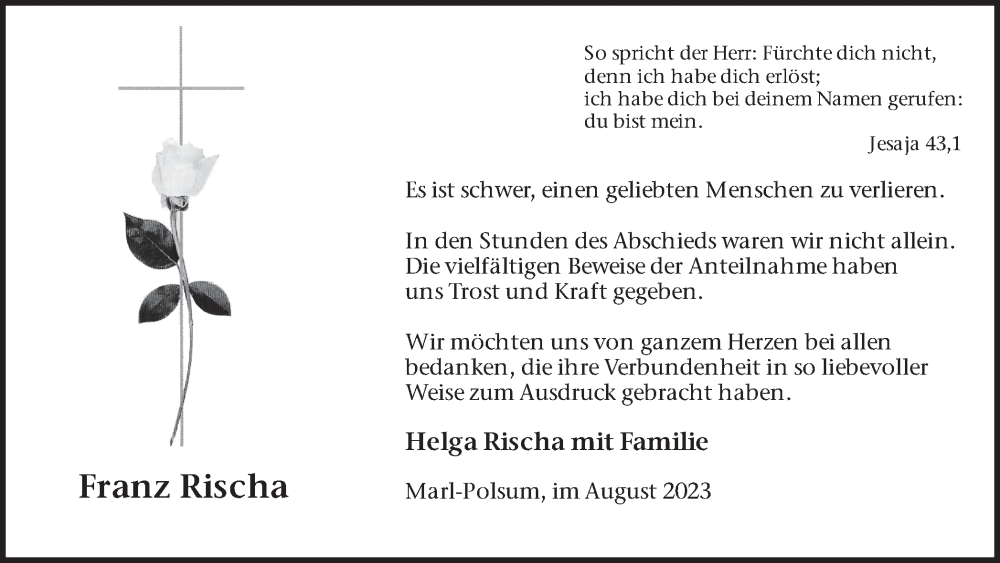  Traueranzeige für Franz Rischa vom 26.08.2023 aus Medienhaus Bauer