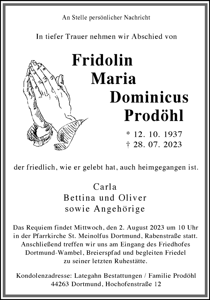  Traueranzeige für Fridolin Maria Dominicus Prodöhl vom 01.08.2023 aus 