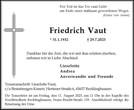 Traueranzeige von Friedrich Vaut von Medienhaus Bauer