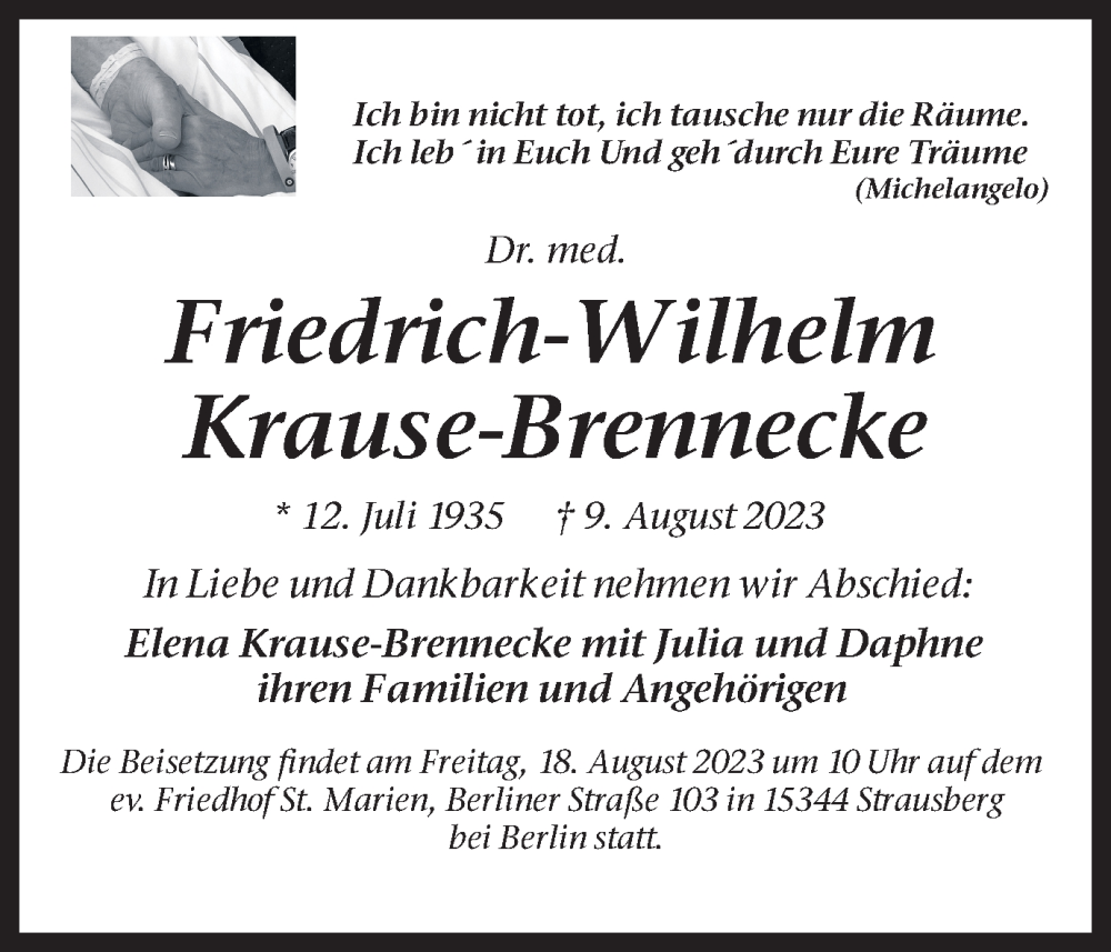  Traueranzeige für Dr. med. Friedrich-Wilhelm Krause-Brennecke vom 17.08.2023 aus Ruhr Nachrichten