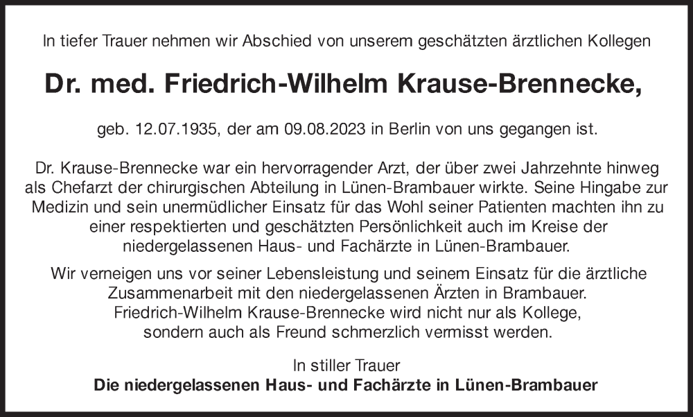  Traueranzeige für Dr. med. Friedrich-Wilhelm Krause-Brennecke vom 12.08.2023 aus Ruhr Nachrichten