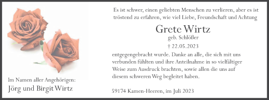Traueranzeige von Grete Wirtz von Hellweger Anzeiger