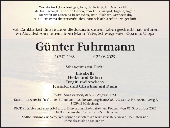 Traueranzeige von Günter Fuhrmann von Ruhr Nachrichten
