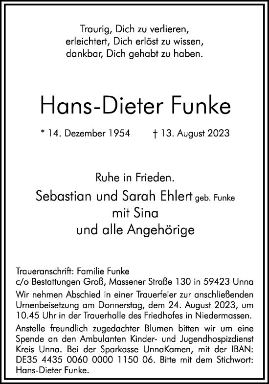 Traueranzeige von Hans-Dieter Funke von Hellweger Anzeiger