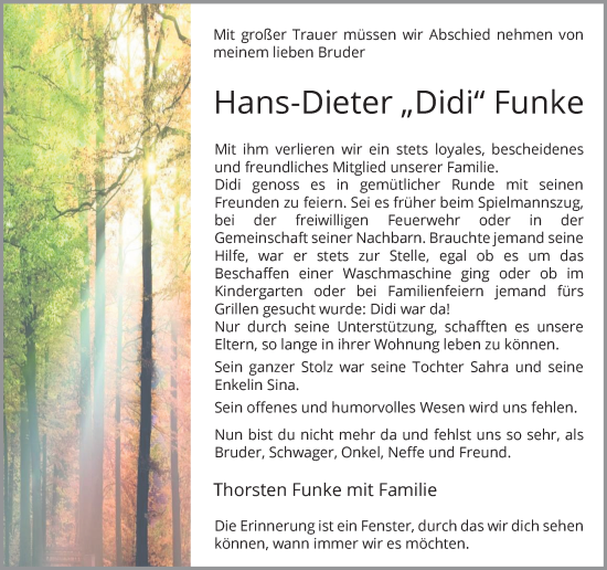 Traueranzeige von Hans-Dieter Funke von Hellweger Anzeiger