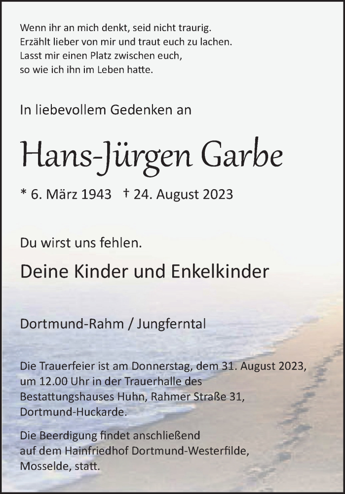  Traueranzeige für Hans-Jürgen Garbe vom 29.08.2023 aus 