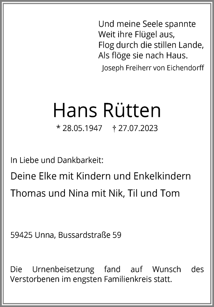  Traueranzeige für Hans Rütten vom 12.08.2023 aus Hellweger Anzeiger