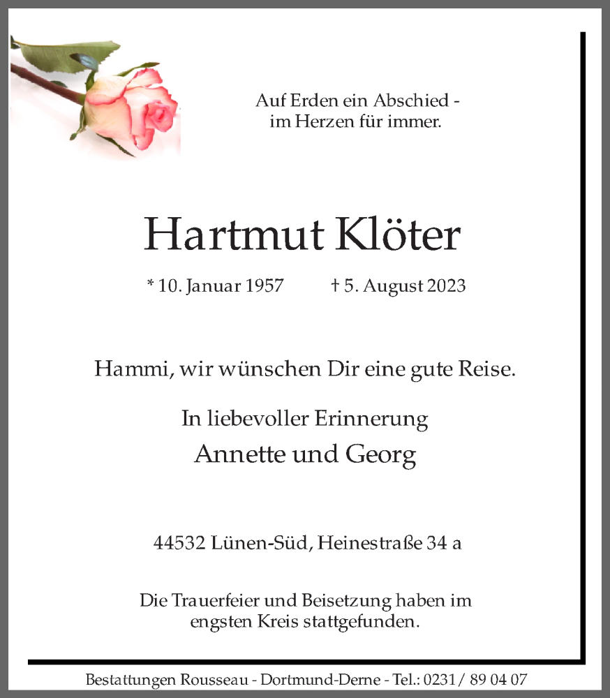  Traueranzeige für Hartmut Klöter vom 19.08.2023 aus Ruhr Nachrichten
