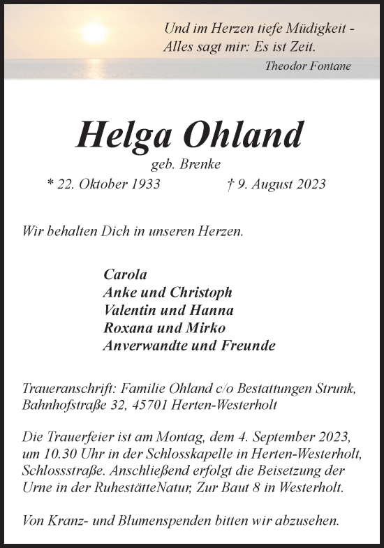 Traueranzeige von Helga Ohland von Medienhaus Bauer