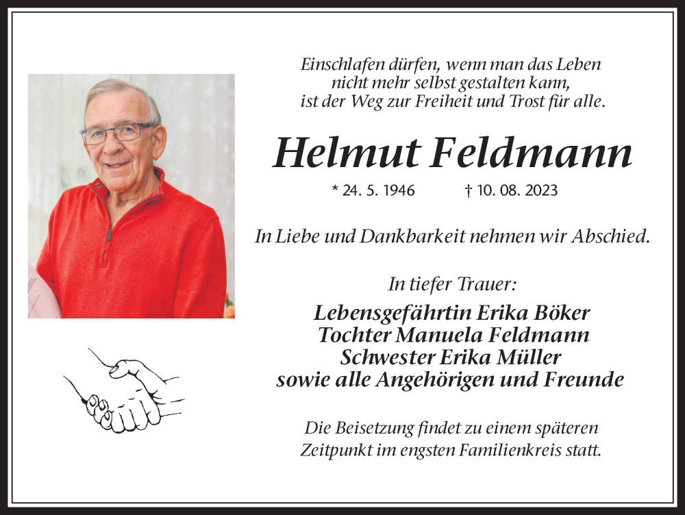  Traueranzeige für Helmut Feldmann vom 19.08.2023 aus Medienhaus Bauer